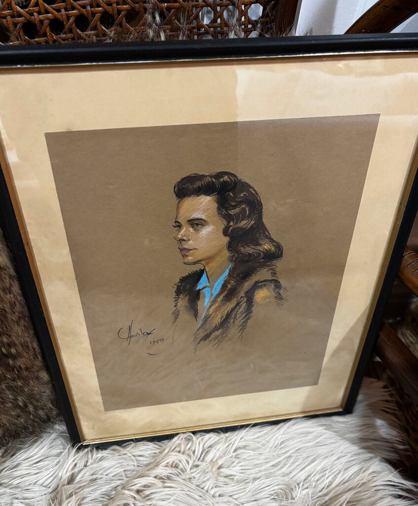 Framed Signed Drawing of Woman in Fur Coat 1950