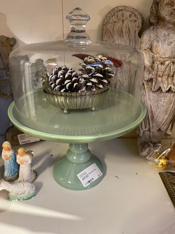 Jadite green cake stand with glass dome
