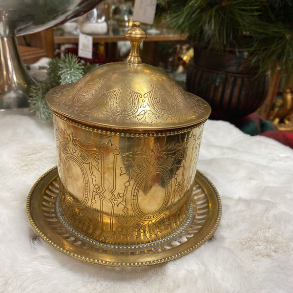 Vintage Brass Footed Etched Biscuit Jar 7.5 x 7.5