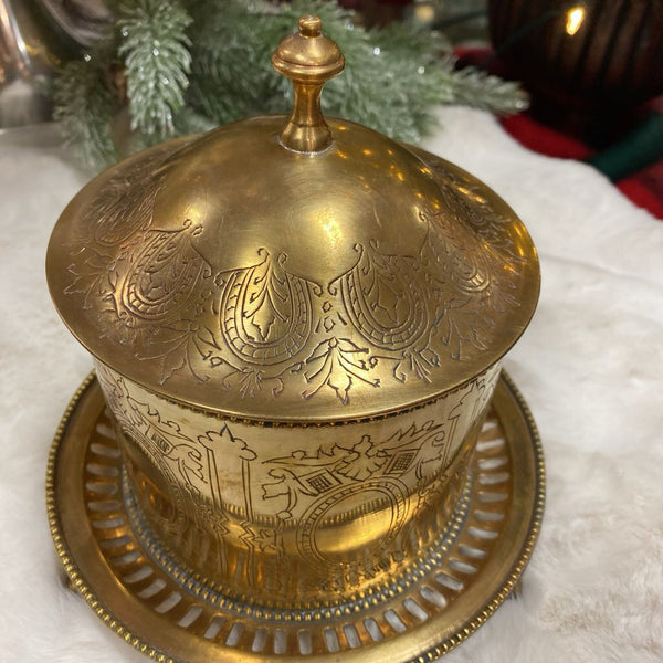 Vintage Brass Footed Etched Biscuit Jar 7.5 x 7.5