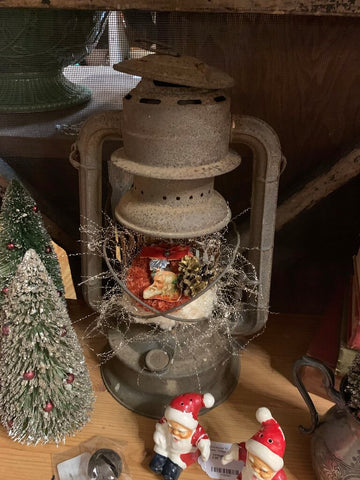 Antique Rusty Lantern Santa Vignette ~ one of a kind~ 18" t