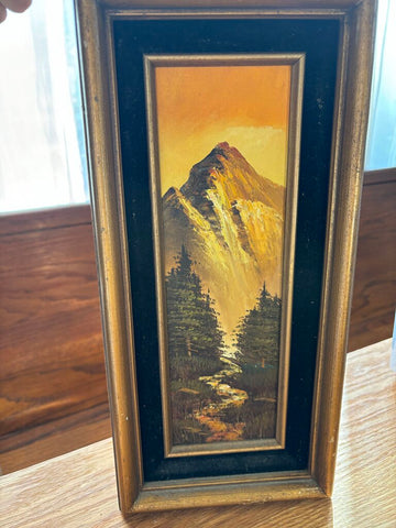 15x7 Vintage Original Mountain Scene on Board Sunset