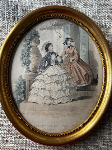 La Mode Illustre Print: Moine Imp Paris Victorian Fashion in Oval Gold Frame 13.5 x 11.5