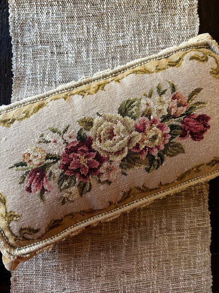 Vintage Floral Needlepoint Pillow with Tassel Fringe