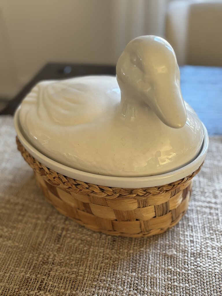 Vintage Duck in Basket Lidded Casserole Tureen
