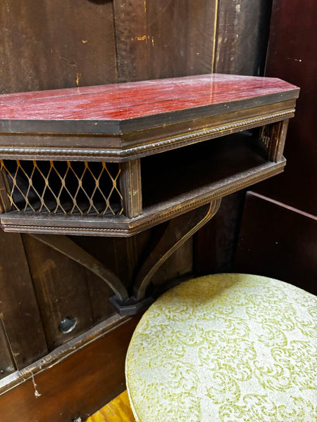 Antique Wood Wall Console Table w/ Shelf and Brass Lattice Sides (in store PU)