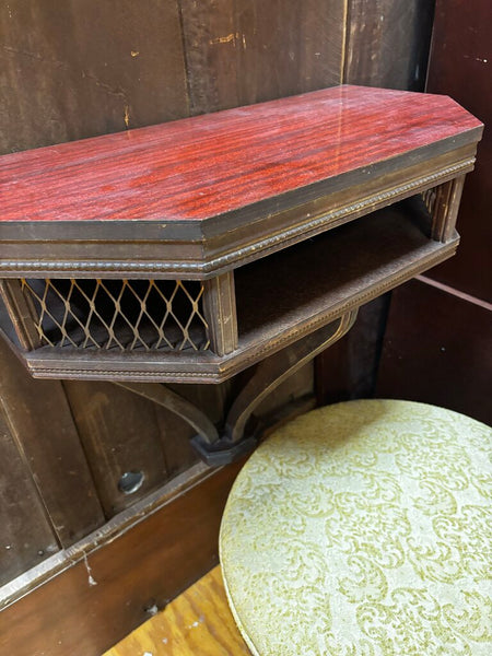 Antique Wood Wall Console Table w/ Shelf and Brass Lattice Sides (in store PU)