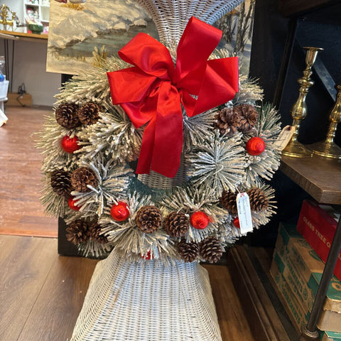 Moxie - Flocked Pinecone Wreath With Red Bow - 18"