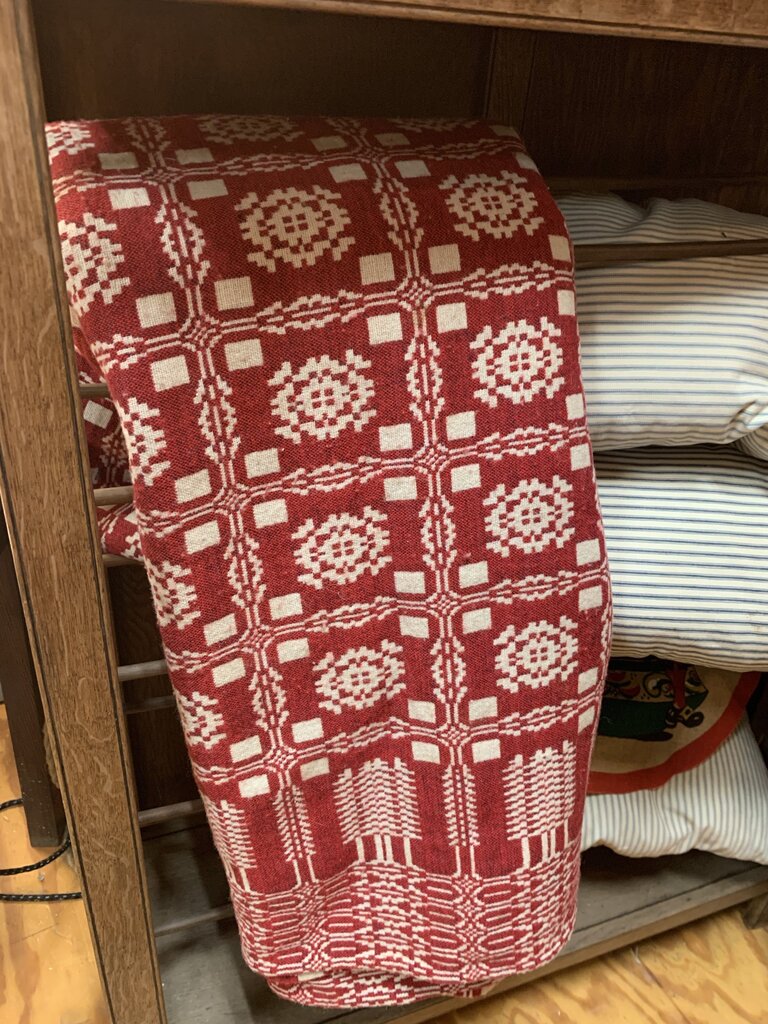 Vintage Goodwin Guild Red & White Wool Coverlet~ 90" x 110"