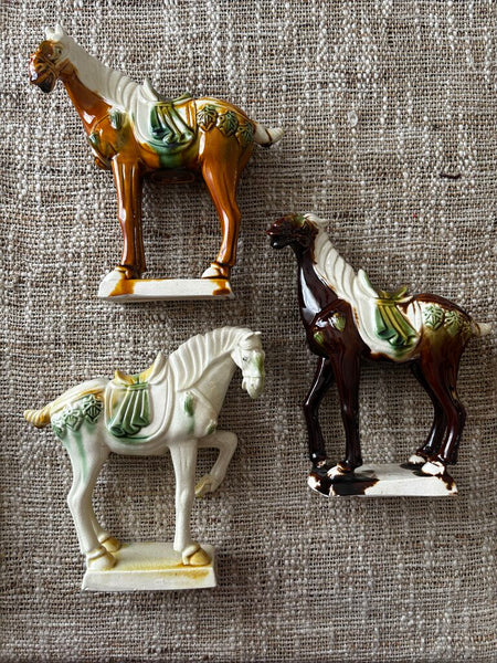 Set of 3 VTG Asian Tang Dynasty Chinese Glazed Ceramic Horse Figurines