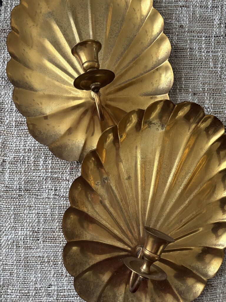Vintage Pair of Shell Brass Wall Sconces