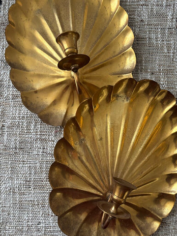 Vintage Pair of Shell Brass Wall Sconces