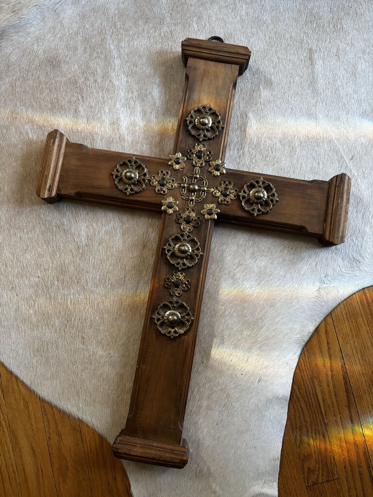 VTG Christian Cross 20" x 28" Wood Brass Flowers US Artisan Handmade