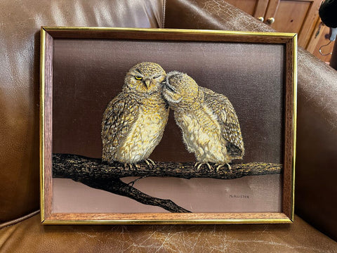 Vintage 70s Owls On Branch By McAllister Oil On Canvas 13 x 17
