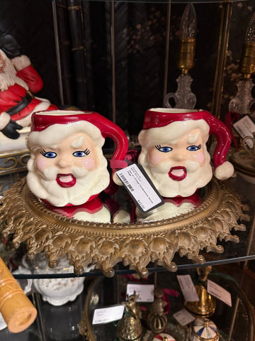 Pair of vintage handpainted Santa mugs