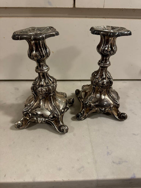 Sweden weighted sterling rococo style 6" tall 3.5" wide at base (pair) three crowns and "s" hallmark