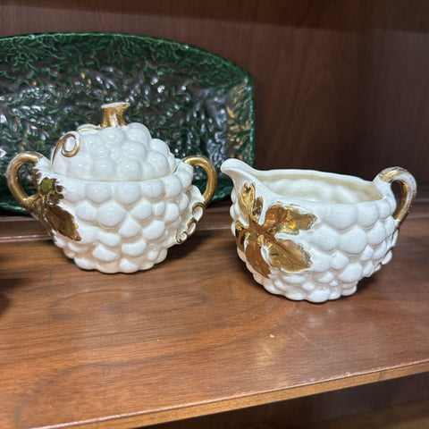 White and Gold Cream and Sugar Set with Gold Leaves H3137