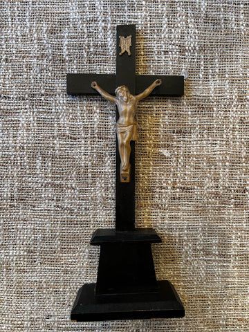Vtg TABLETOP Crucifix ALTAR Cross Wood and Pewter