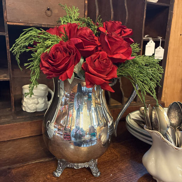 Vintage Silver Pitcher w/ Red Roses