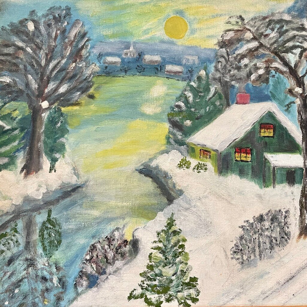 Moxie - Winter Cottage Painting On Board - 21 x 17