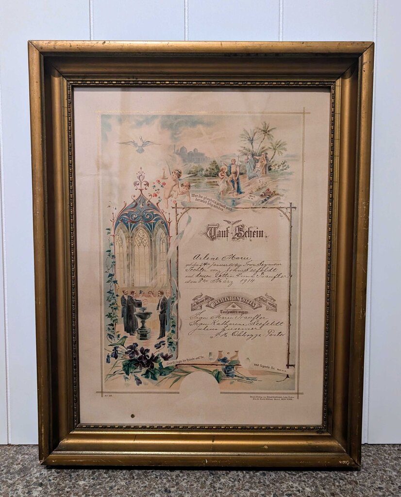 Antique Framed 1914 German Baptism Certificate 14x18
