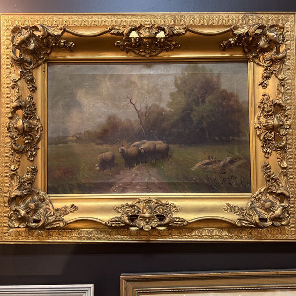 Antique Signed Sheep in Field 26x20" frame
