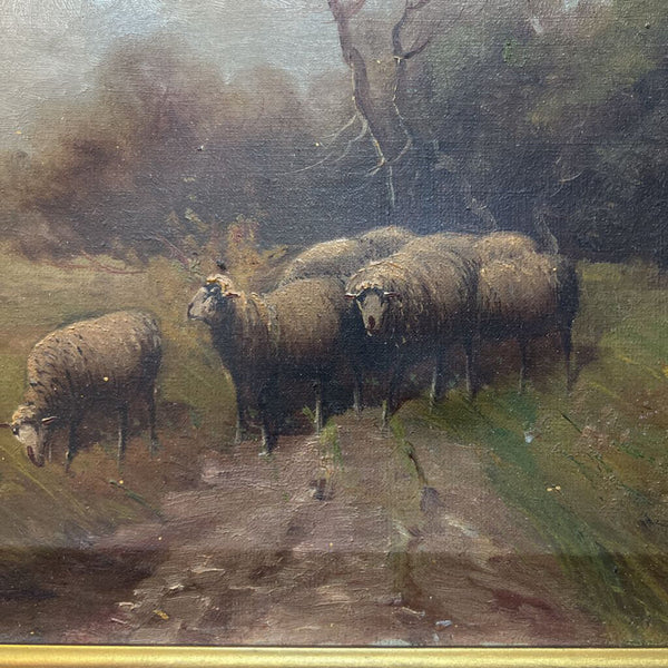 Antique Signed Sheep in Field 26x20" frame