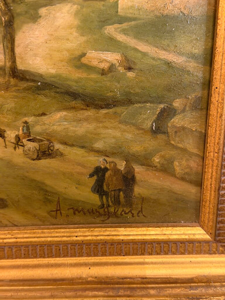 0413 Vintage Oil on Board Town Scene Painting