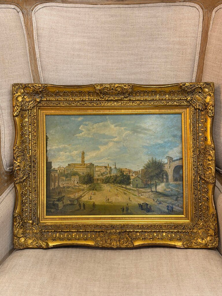 0413 Vintage Oil on Board Town Scene Painting