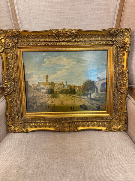 0413 Vintage Oil on Board Town Scene Painting