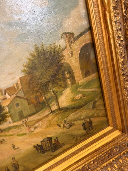 0413 Vintage Oil on Board Town Scene Painting