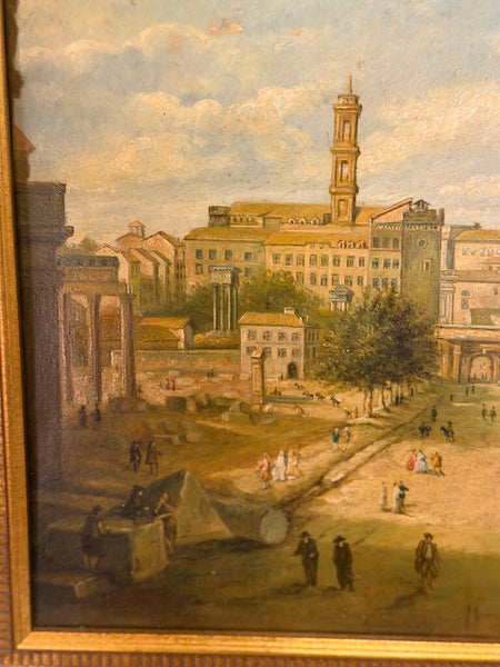 0413 Vintage Oil on Board Town Scene Painting