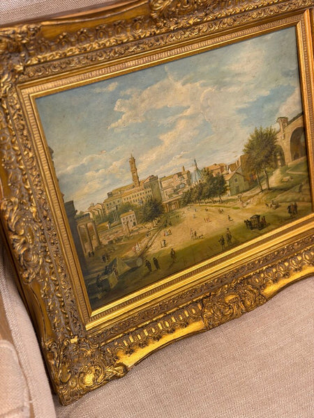 0413 Vintage Oil on Board Town Scene Painting