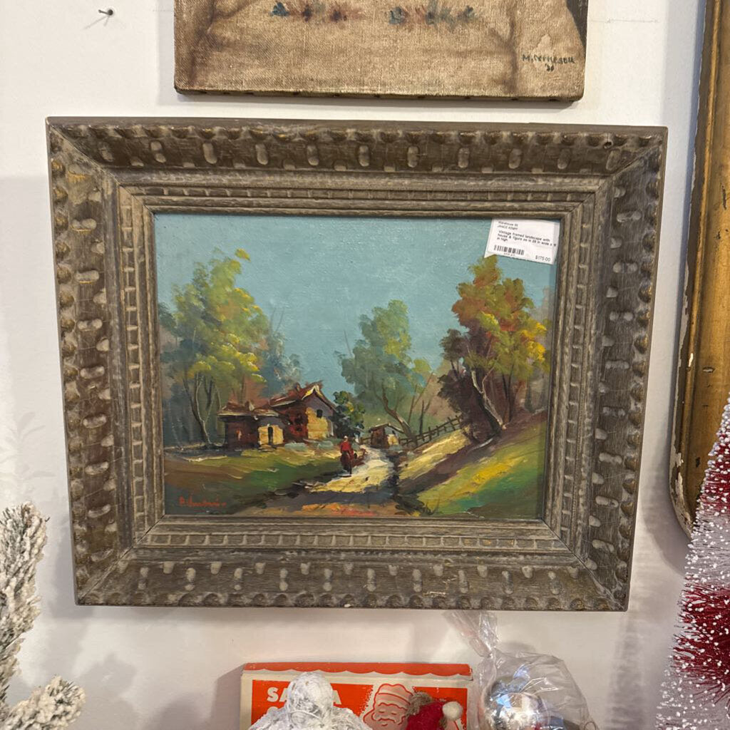 Vintage framed landscape with house & figure as is 29 in wide x 16 in high