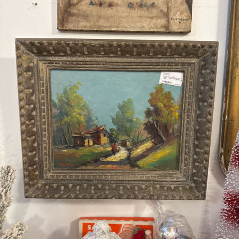 Vintage framed landscape with house & figure as is 29 in wide x 16 in high