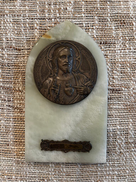 ANTIQUE BRONZE/ONIX CHRIST W/ FLAMING HEART FRANCE//C1895