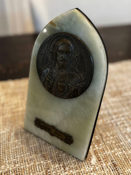 ANTIQUE BRONZE/ONIX CHRIST W/ FLAMING HEART FRANCE//C1895