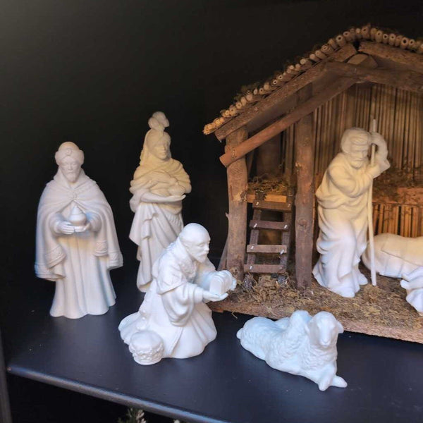 Vintage ,1982, Avon Nativity Set With Bisque Figurines and Creche