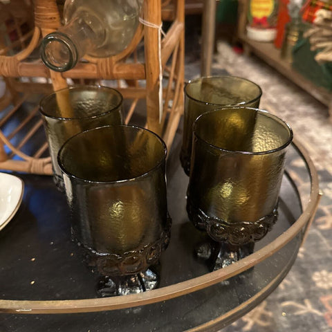 Set of 4 Tiffin Madeira footed olive green glasses