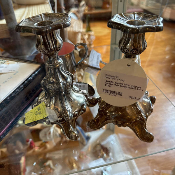 Sweden sterling Silver weighted rococo style candle holders 6.5" x 4" pair