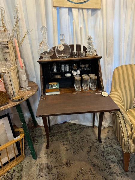 Drop front vintage desk as found with hand caned chair