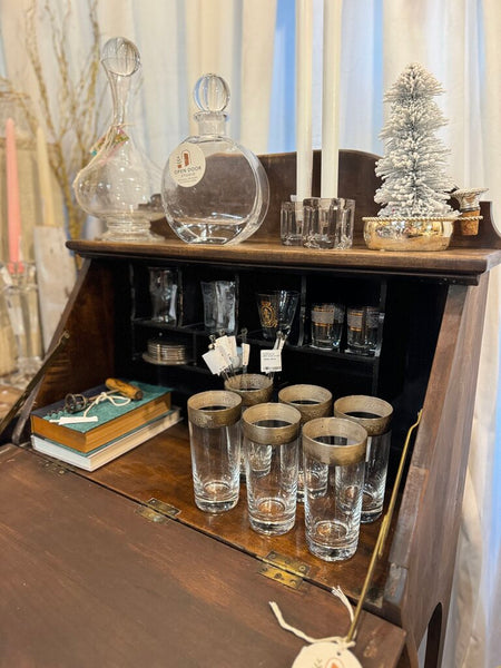 Drop front vintage desk as found with hand caned chair