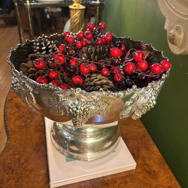VINTAGE SILVERPLATED PEDESTAL WINE/CHAMPAGNE COOLER W/ PINECONES