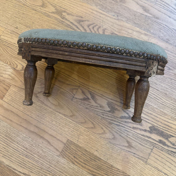 BEAUTIFUL ANTIQUE NEEDLEPOINT FOOTSTOOL, CARVED BASE. AS FOUND 16"W X 10"D X 8"H