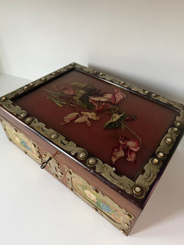 0007 Victorian Hand-painted Silk Lined Box w/ Working Key