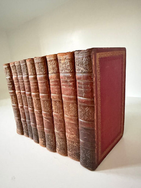 0897 British Essayists Partial Full Red Moroccan Leather 9 Book Set c. 1819
