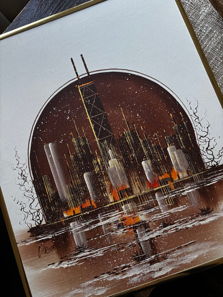 EDUARDO OROPEZA Mid-Century Modern Chicago Skyline Oil on Canvas 24.5 x 20.5