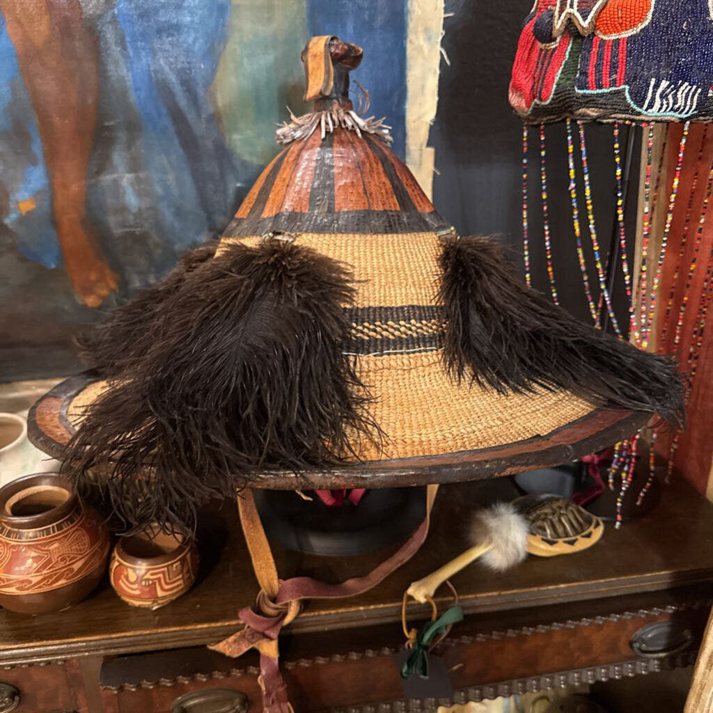 West African straw hat with ostrich feathers
