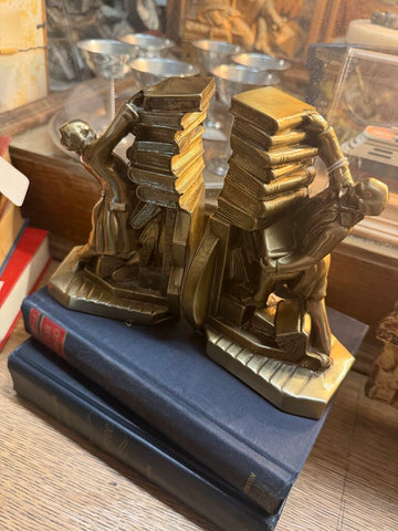 Pair PM CRAFTSMAN Solid Brass Bookends Struggling Librarian 1970's