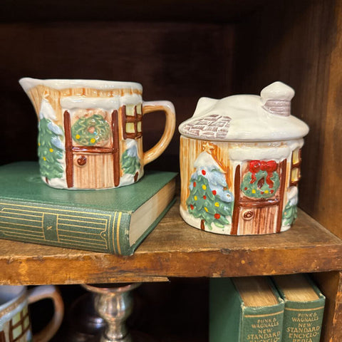 Pair Christmas Cottage Sugar and Creamer Set